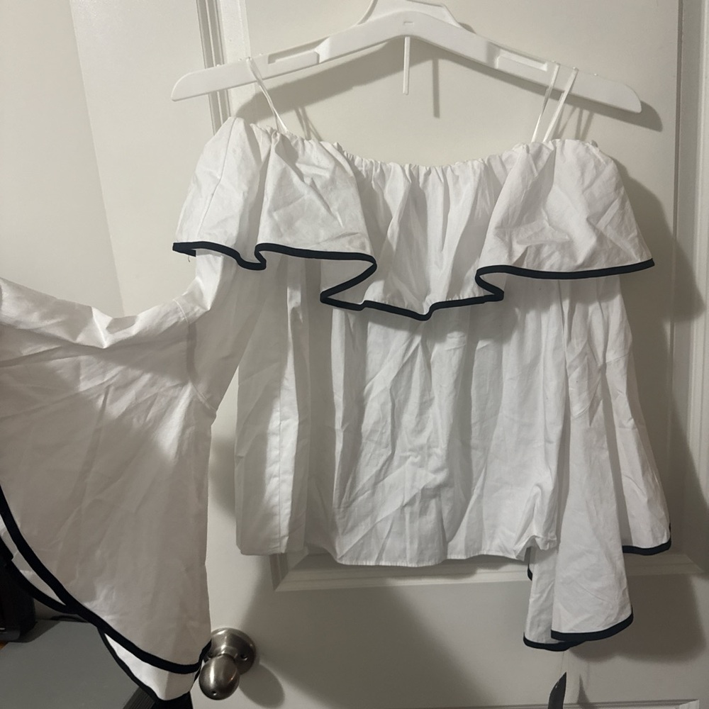 Zara White and Black Ruffle Blouse